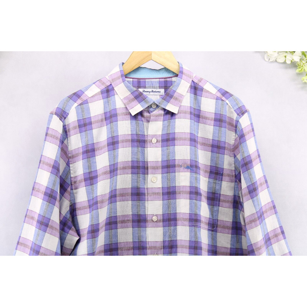 Tommy Bahama Shirt Sz L Plaid Linen Blend Long Sleeve Button Down Purple - Picture 4 of 7